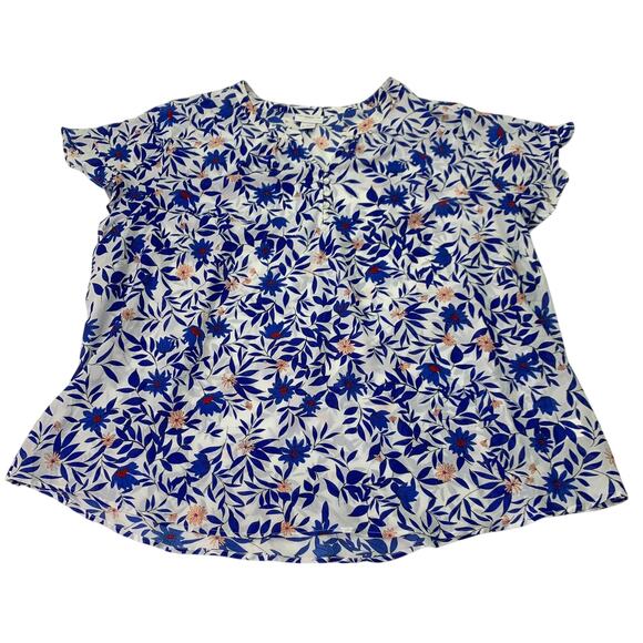 Liz Claiborne Woman Sz 3XL Bright Blue Floral White Semi Sheer Short Slv Blouse - Picture 1 of 9